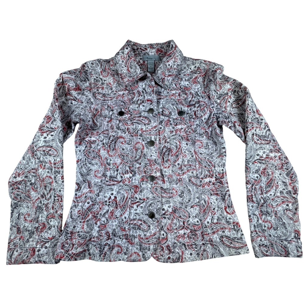 Analogy Womens Paisley Print Button Down Jacket Blazer White Red Gray‎ Size S